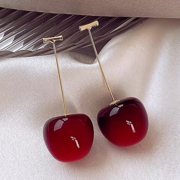 Cherry Drop Earrings Sweet Red Dangle Trendy Fruit Gold Plated Ear Ornaments - Picture 3 of 3